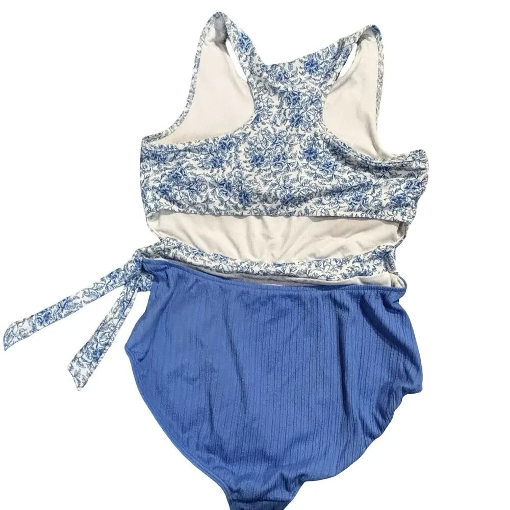 Albion 1 Pc Swimsuit Blue White Floral Tank Top Front Zipper Open Back Womens XL